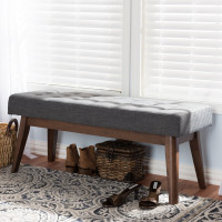 Baxton Studio WM1622-BE-Dark Grey/Walnut Elia Mid-Century Modern Walnut Wood Dark Grey Fabric Button-Tufted Bench